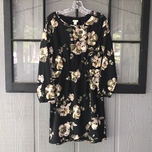 J. Crew dress, faux wrap skirt portion,  black floral print, elastic waist